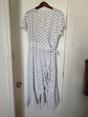 White Polka Dot Wrap Midi Dress with Tie Waist